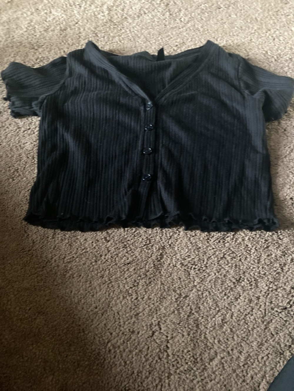 Black Ribbed Button-Front Crop Top - Women's